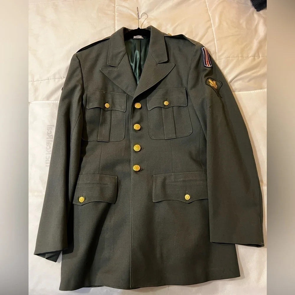 Men’s military jacket XL 38L long coat embroidered patched army green outerwear - Picture 2 of 15